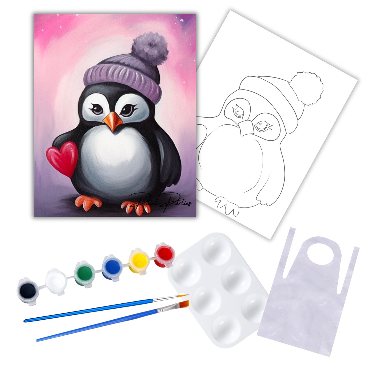 "Heart Penguin" DIY Canvas Art Kit, Adult Beginner, Acrylic Paint Size 11x14 inch